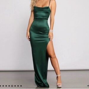 Emerald Green satin dress with high slit